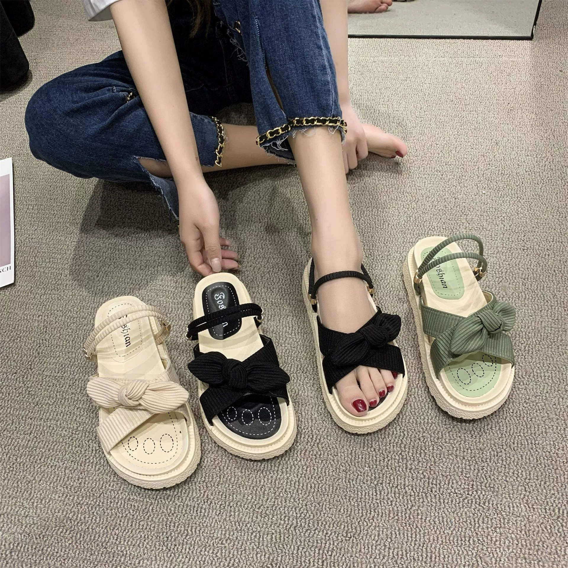 Женские сандалии 2023 летняя новая верхняя одежда в сказочном стиле удобные пляжные тапочки на плоской подошве с бантом для женщин