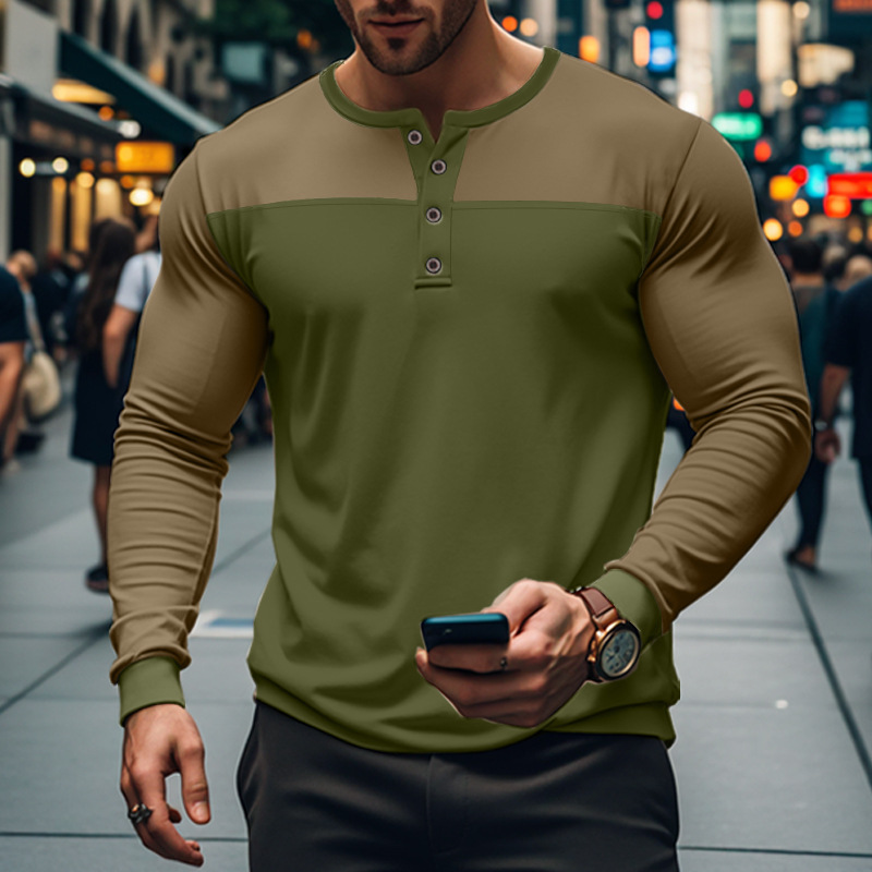 Camiseta masculina de manga comprida com gola Henry e blocos de cores para outono_voghion.com