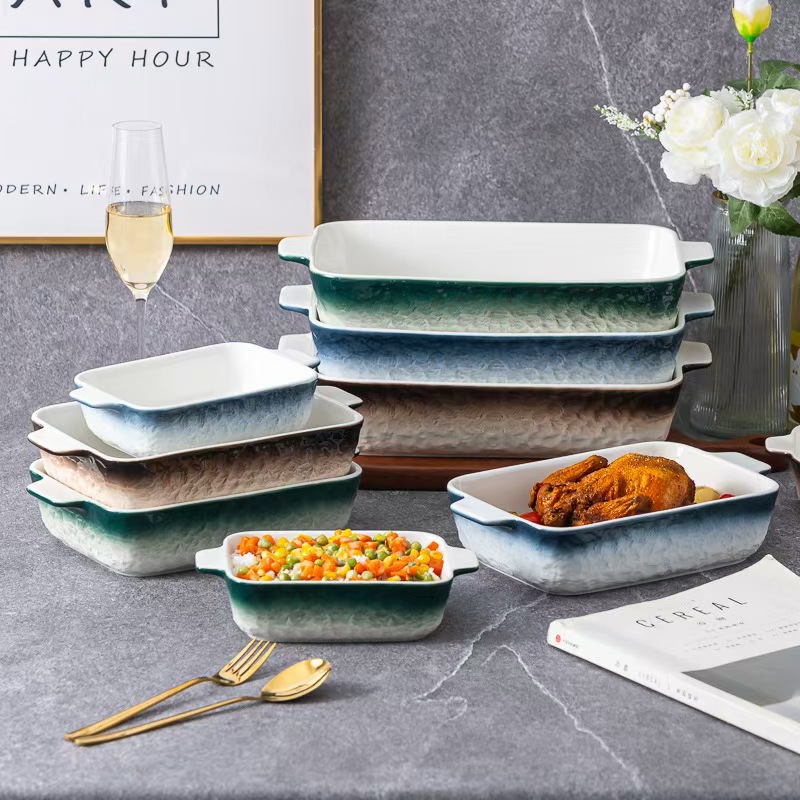 Placa de horno de cerámica rectangular para horno de horno de doble oreja para horno de microondas para horno de hotel al por mayor