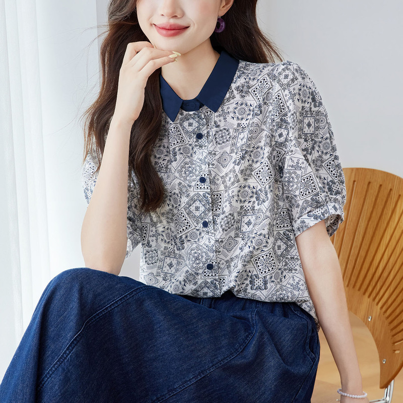 Cotton Paisley Print Shirt for Women, Short Sleeve, 2026 Summer New Style, Patchwork Design, Pure Cotton Blouse