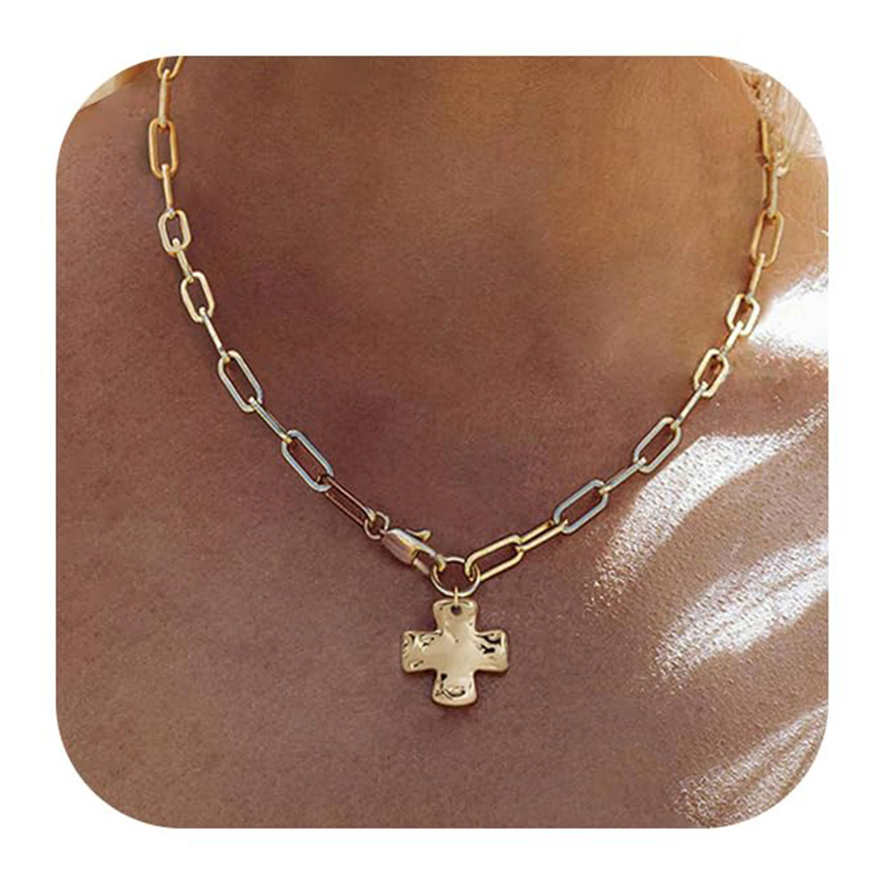Exaggerated Paperclip Chain Necklace With Cross Clasp Gold Tone_voghion.com