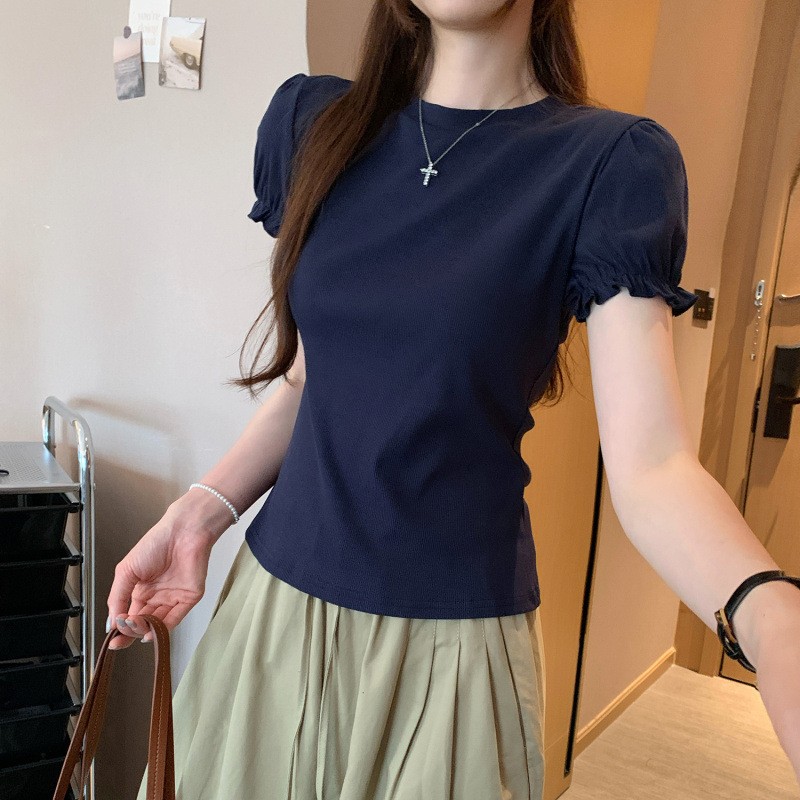 Real Shot of Retro Navy Blue Unique Puff Sleeve Right Shoulder Short-Sleeved T-Shirt for Women 2025 New Exquisite Design Top