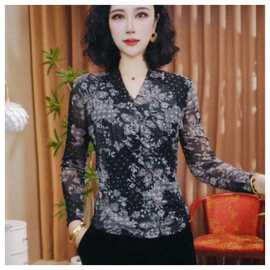 一件代发 2025秋季新款长袖烫钻小衫网纱显廋女士上衣