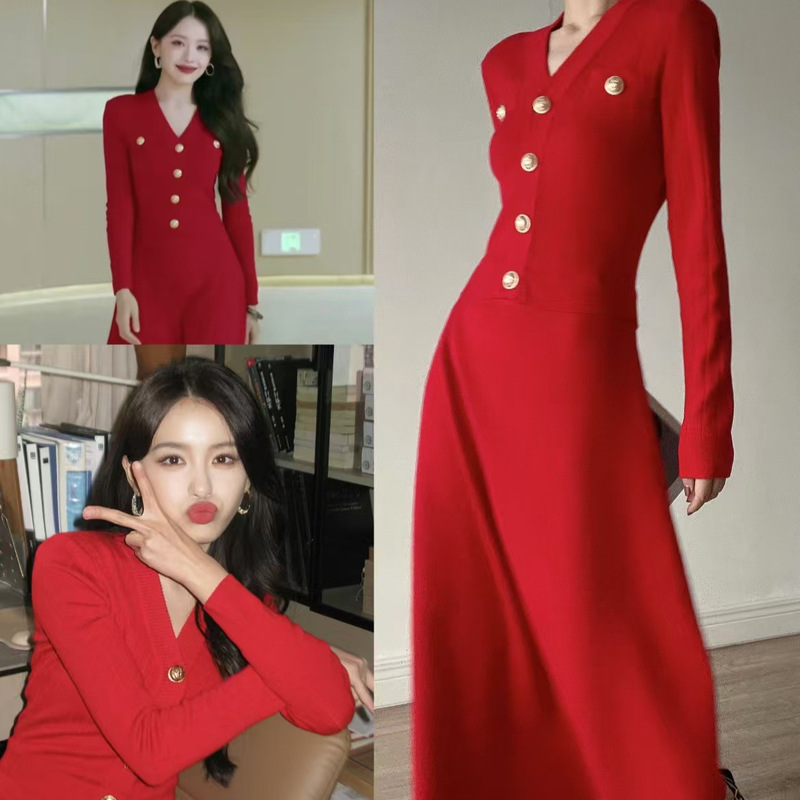 Star Same Style Red Knitted dress Women's Christmas New Year's Daily Engagement Toast Dress Black Tea Style Sweater Dress