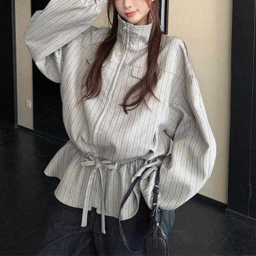 复古条纹翻领长袖新款开衫外套女秋冬美式设计感小众夹克气质上衣|undefined