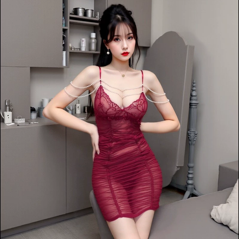 Длинная ночная Sexy белье, пижама из жемчуга, кружевное платье