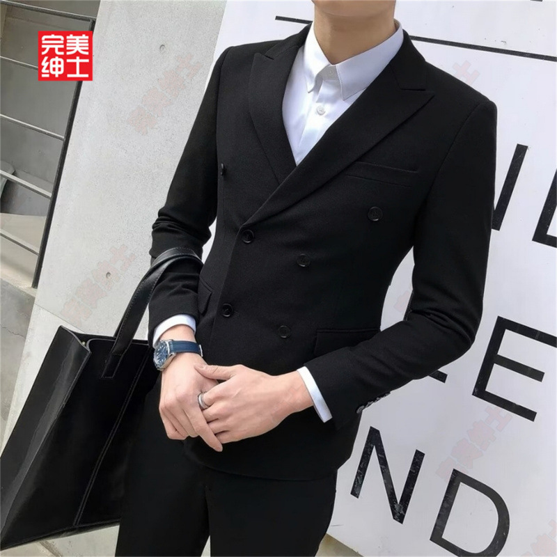High-End Slim-Fit Men's Suit, Black Double-Breasted Business Formal Wear, Adult Ceremony, Groom's Wedding Suit