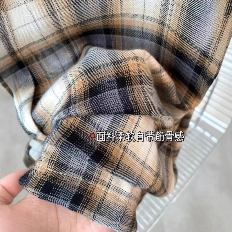 GU95 AC同款 复古佰搭宽松版翻领落肩长袖底边抽绳格纹连帽衬衣|undefined
