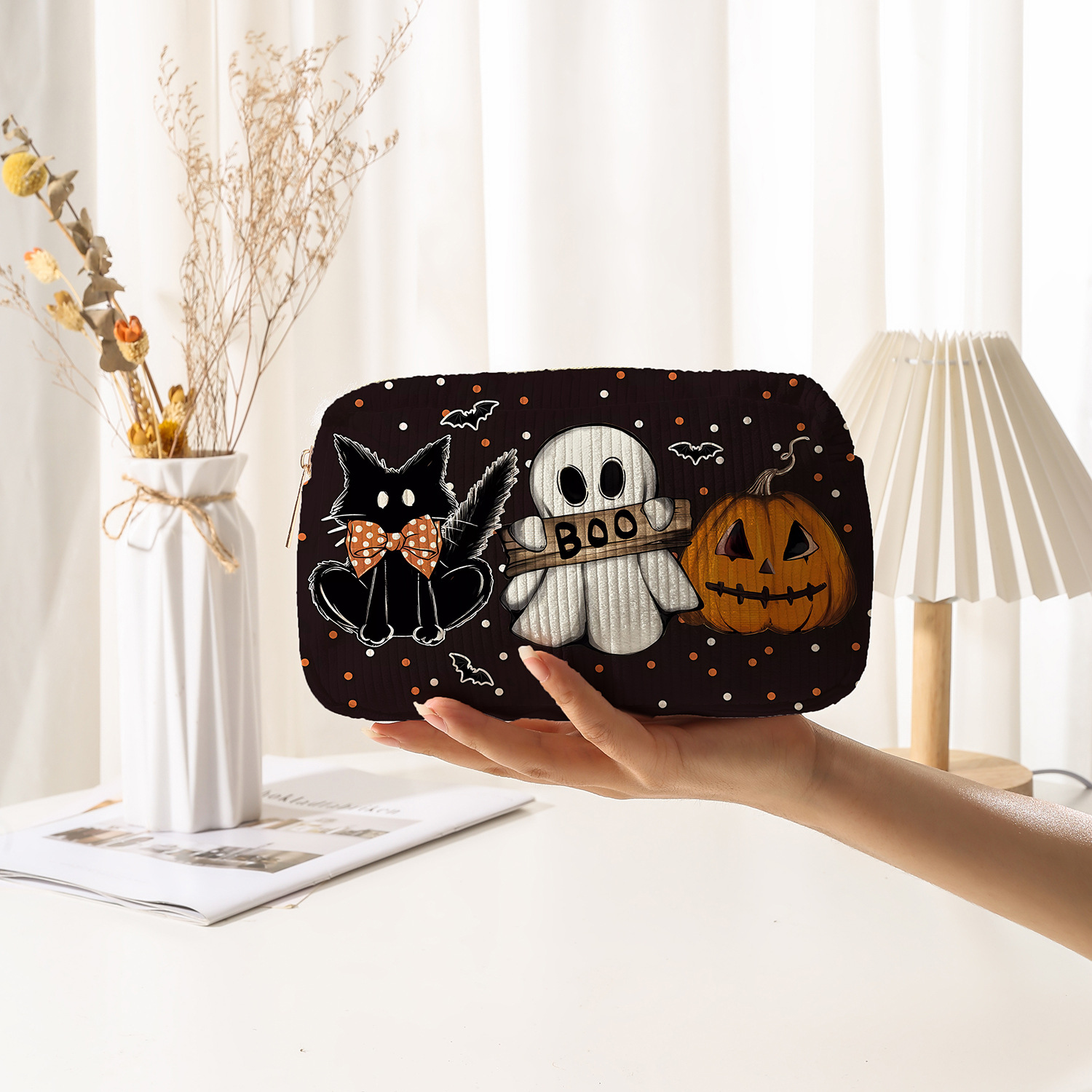 Wholesale Cute Pumpkin ghost Cat Corduroy Square Makeup Bags & Storage