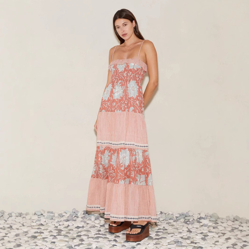 European and American Women's Summer Casual Adjusting Shoulder Strap Printed Striped dress Sleeveless Elegant Long Beach Dress European and American Women's Summer Casual Adjusting Shoulder Strap Printed Striped dress Sleeveless Elegant Long Beach Dress