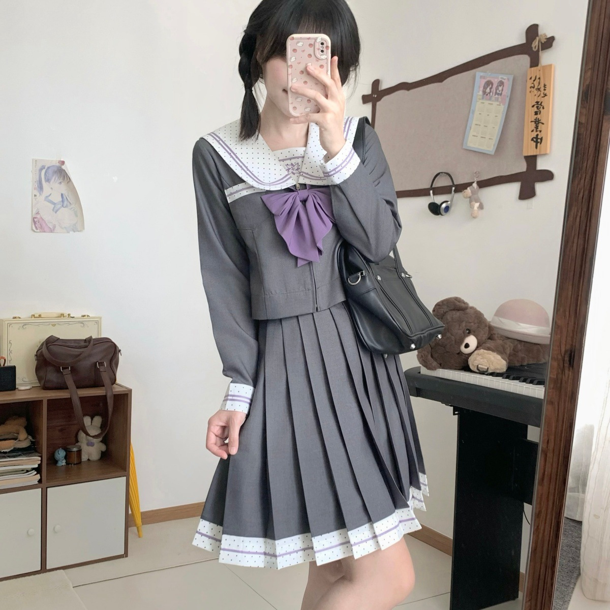 [In the Gray Mist] Moon in the Galaxy Original Authentic Waist-Cinching Polka Dot JK Gray Sailor Uniform, Academic Style, Authentic JK Uniform