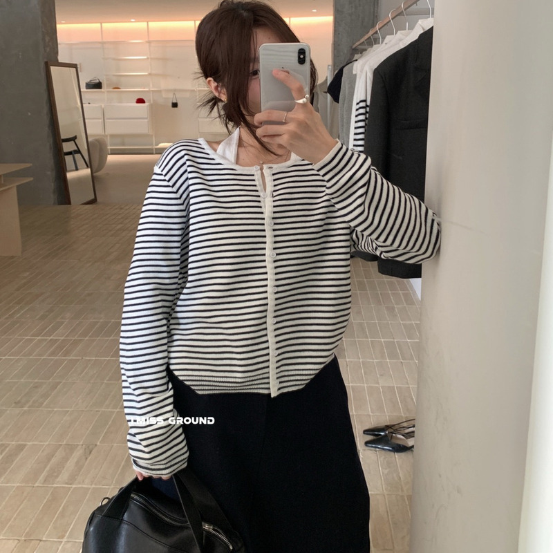 I MISS2025秋季新款设计感条纹假两件针织开衫女宽松显瘦毛衣外套|undefined