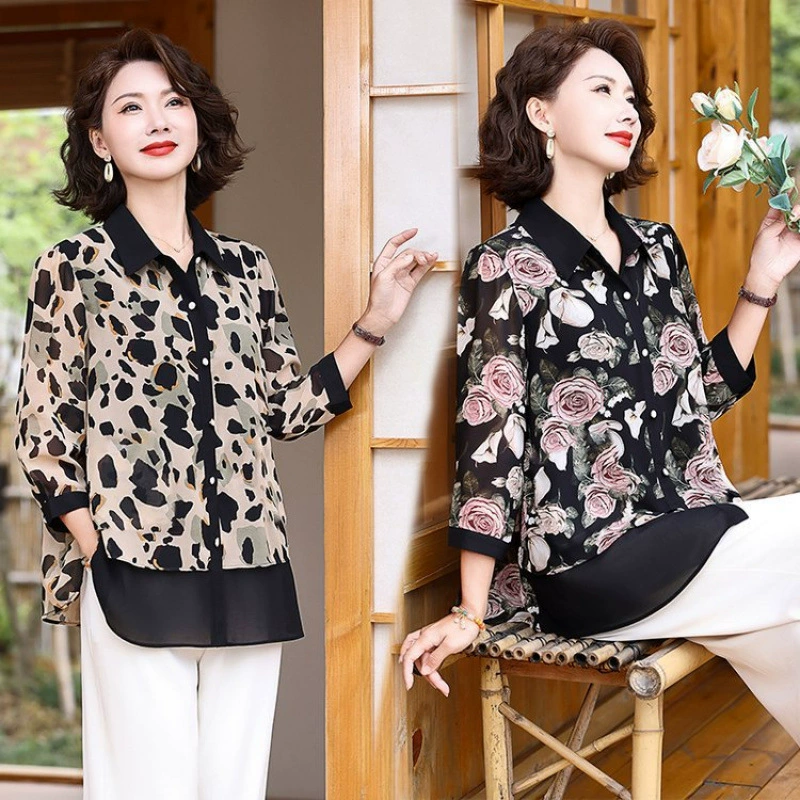 Летняя модная шифоновая рубашка для мамы, стильный женский элегантный топ среднего и пожилого возраста, лето 2024, новый элегантный топ с рукавами три четверти