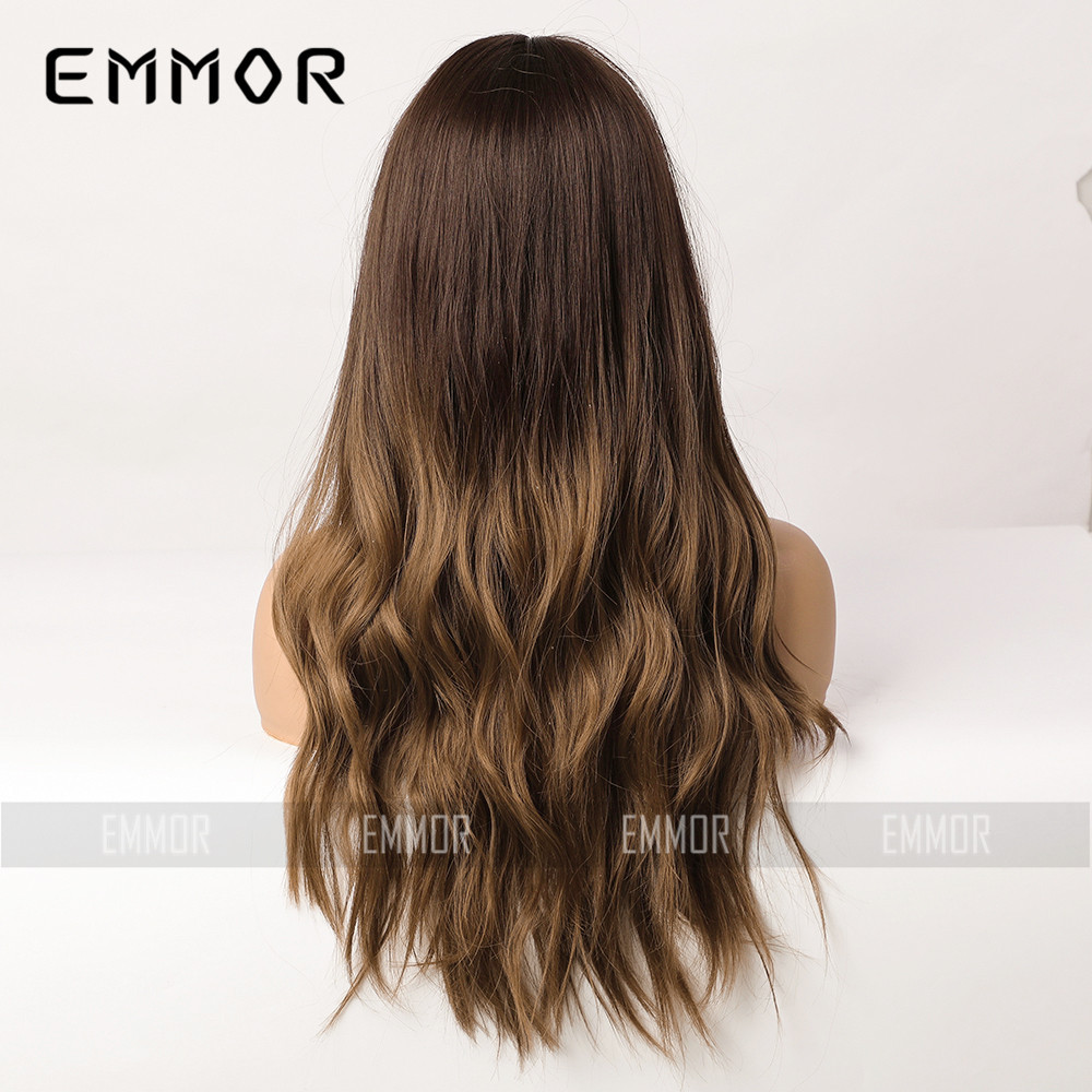 Peluca completa transfronteriza de Amazon con raya en medio, reflejos marrones degradados, fibra sintética de alta temperatura, peluca de estilo europeo y americano para mujer, cabello largo y rizado.