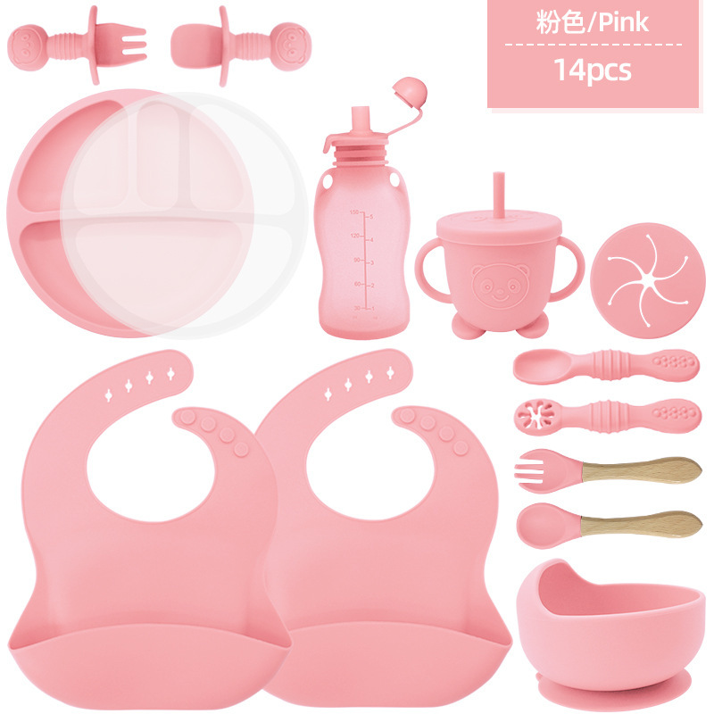 Juego de vajilla para niños, productos para bebés, tazón de silicona, tenedor, cuchara, tazón de comida para bebés, plato, vajilla de silicona de grado alimenticio