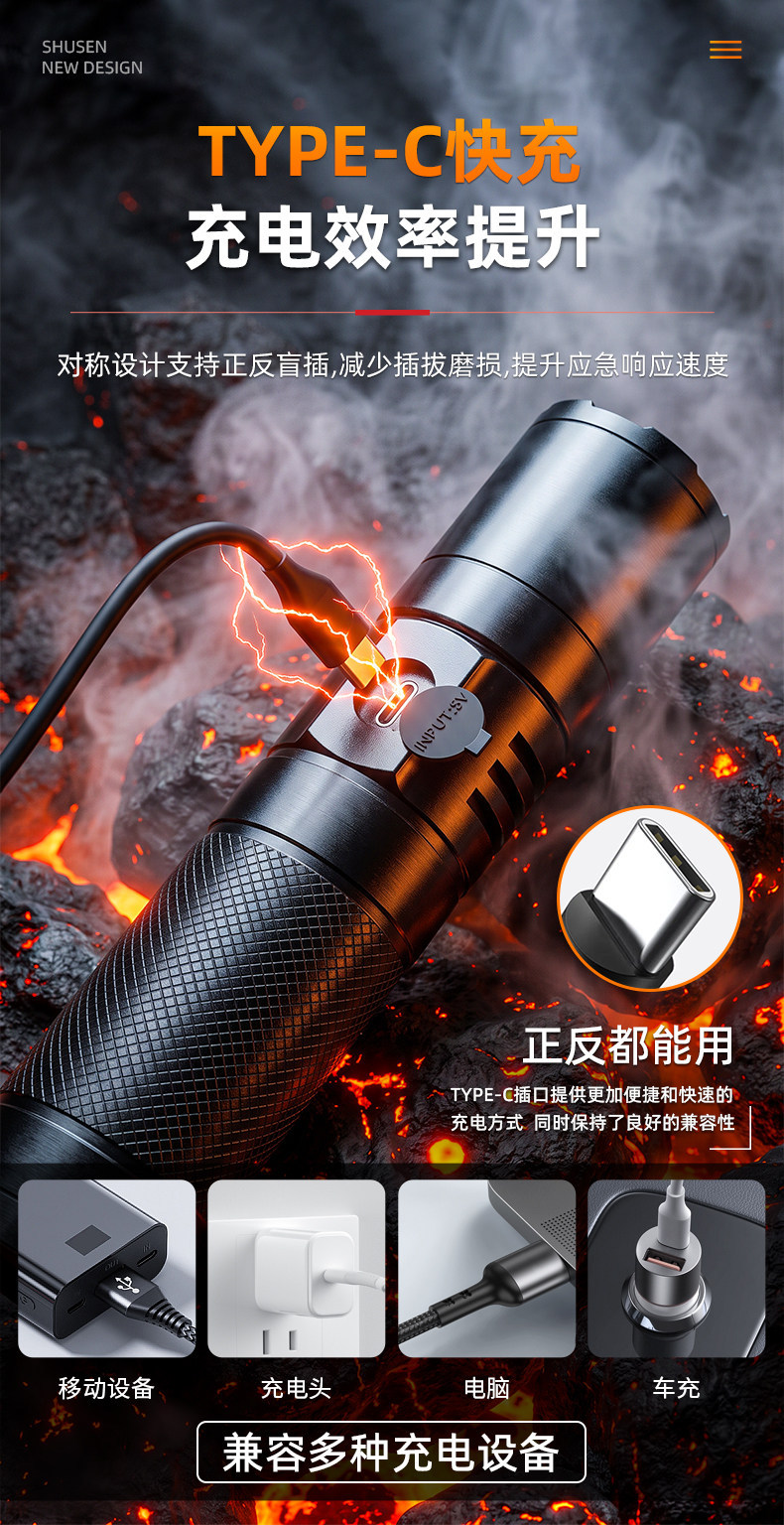 Shuosen flashlight, strong light, rechargeable, ultra-bright, long-lasting, 2026 new model, outdoor long-range high-power light