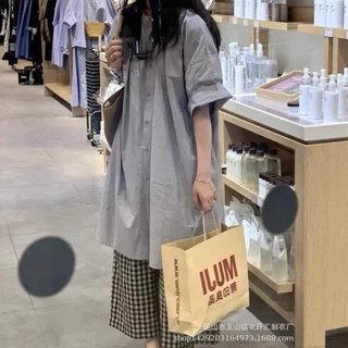 日系森女系 复古港味宽松圆领单排扣短袖连衣裙女A字裙中长款百搭