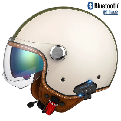 Motosiklet kaskı (dəbilqə) – retro leather helmet motorcycle bluetooth - two-color-strip-off-white-short-outer-and-inner-color-bluetooth-m