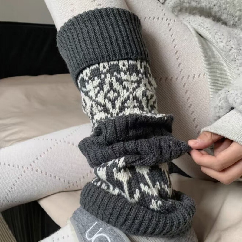 Fair Isle Socks for Women, Autumn and Winter Thick Line Mori Style Slouch Socks, Warm and Thick Retro Gray Diamond-Patterned Calf Socks Leg Warmers