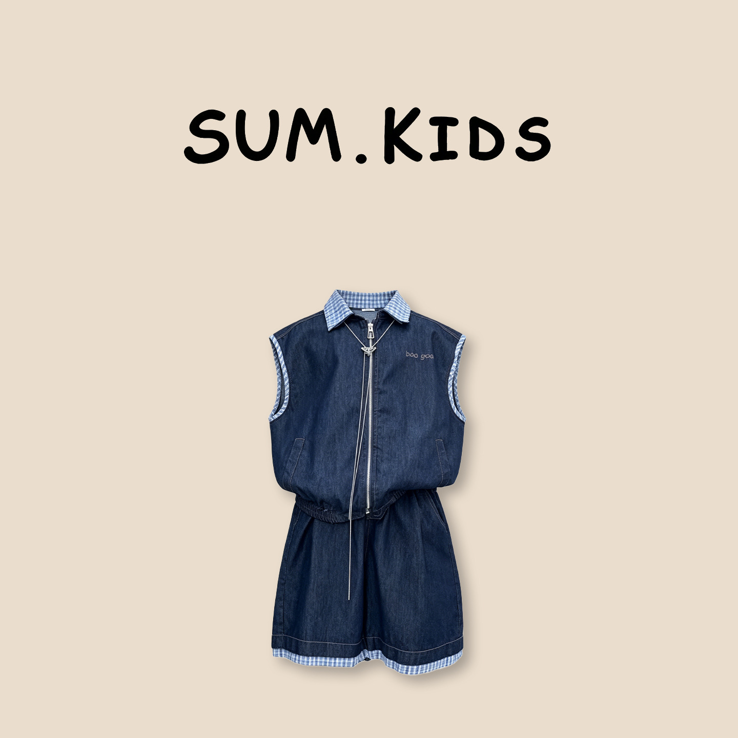Children's color-blocked plaid collared denim vest and shorts set, new summer style, casual and fashionable two-piece outfit.