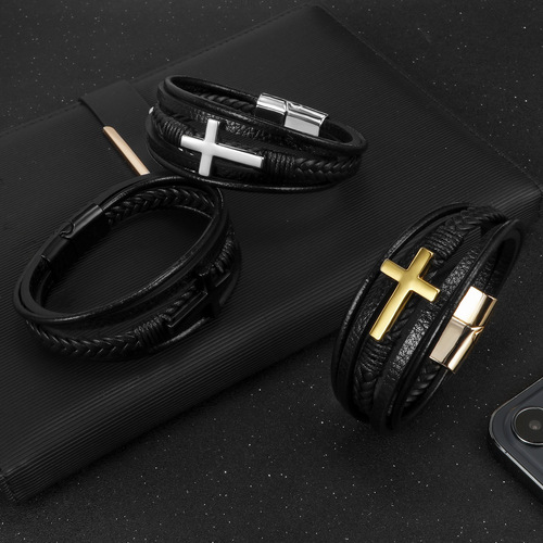 Cross-border best-selling European and American style leather bracelet for men, multi-layer handmade braided rope with magnetic clasp, genuine leather bracelet