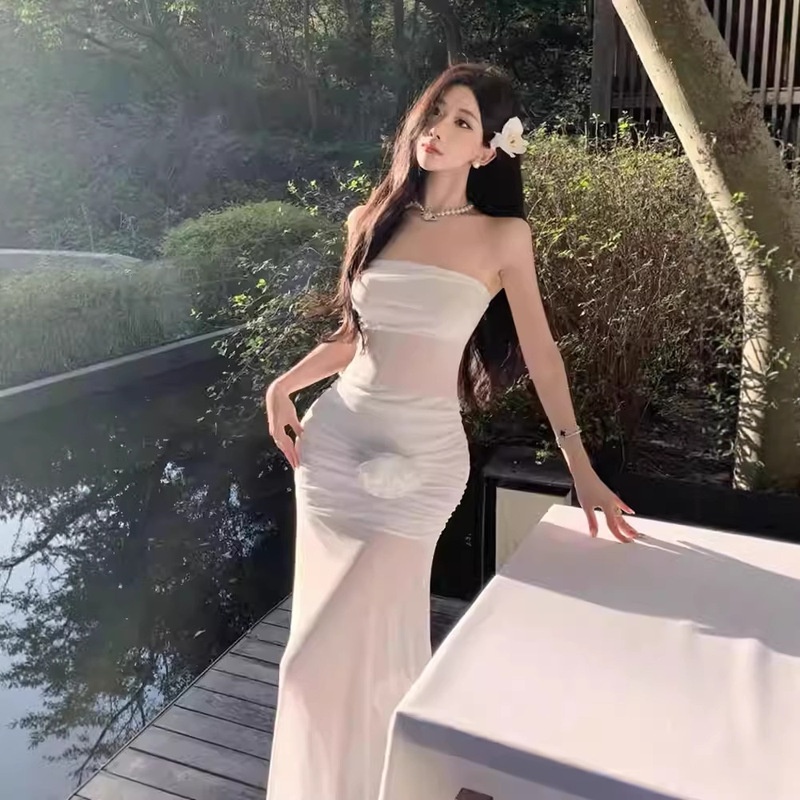 Summer Seaside Vacation Tube Top Dress, Feminine Pure Desire Style, Mesh Patchwork, One-Shoulder Slim-Fit Long Dress, Trendy