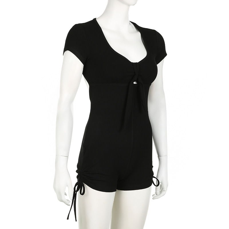 Summer Backless Drawstring Strap Sports Short Sleeved Jumpsuit Pleated Sexy Jumpsuit