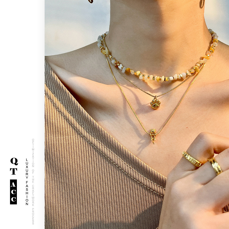 Original lindo gatito animal collar de acero de titanio conchas colgante de mujer joyas de alta calidad de oro 18K joyas
