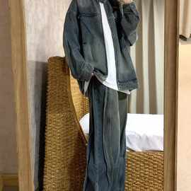 美式复古牛仔套装女秋冬款甜酷宽松外套+直筒阔腿裤两件套