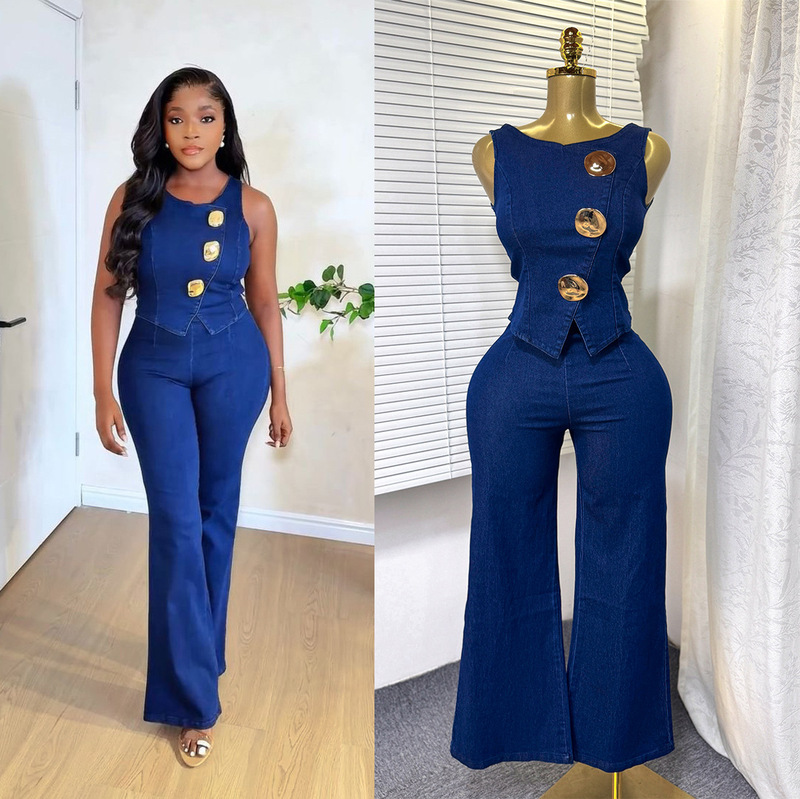 Foreign Trade Elegant Design Metal Buckle Round Neck Sleeveless Vest + High Waist Wide Leg Pants Denim Suit for Women
