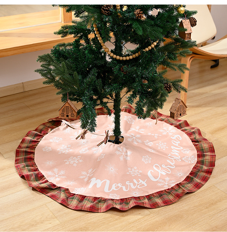 Maison & Jardin Nouvelle jupe d'arbre de Noël décorative en lin à carreaux avec lettres de flocon de neige, tablier de bas d'arbre en lin_voghion.com