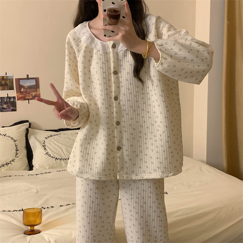 레이스 살구색 꽃 잠옷 가을과 겨울 면화 공기 층 크루 넥 카디건 새 파자마 여성 홈 옷