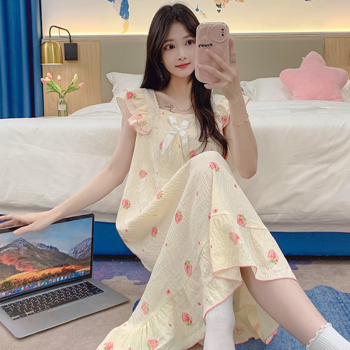 2024 verano vestido de pajama de mujer vestido largo suelto arco dulce dormitorio del campus se puede usar vestido de pijama rojo