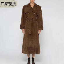 现货欧美跨境秋冬女装女式复古大衣气质棕色系带收腰加长款外套