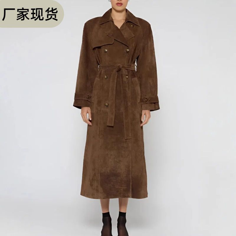 现货欧美跨境秋冬女装女式复古大衣气质棕色系带收腰加长款外套