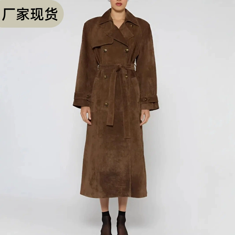 Пятно европейские и американские трансграничные осенние и зимние женские ретро пальто темпераментный коричневый шнуровка плюс длинное пальто