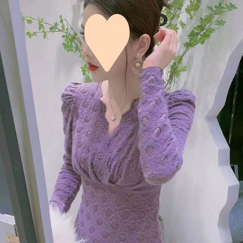 [2025 春季新款洋气小衫紫色内搭蕾丝衫女V领高级感打底衫内穿上衣]