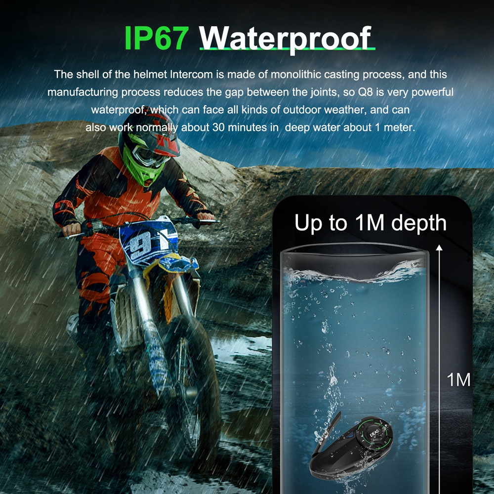 Ejeas Cross-Border Motorcycle Helmet Bluetooth Headset Export Intercom for 1000.6m People Ip67 Waterproof Q8