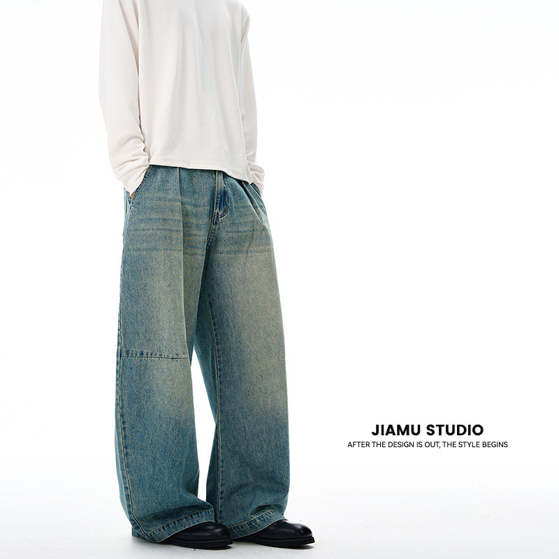 JIAMU美式高街褶皱猫须baggy jeans牛仔裤男女宽松阔腿中性弯刀裤|undefined