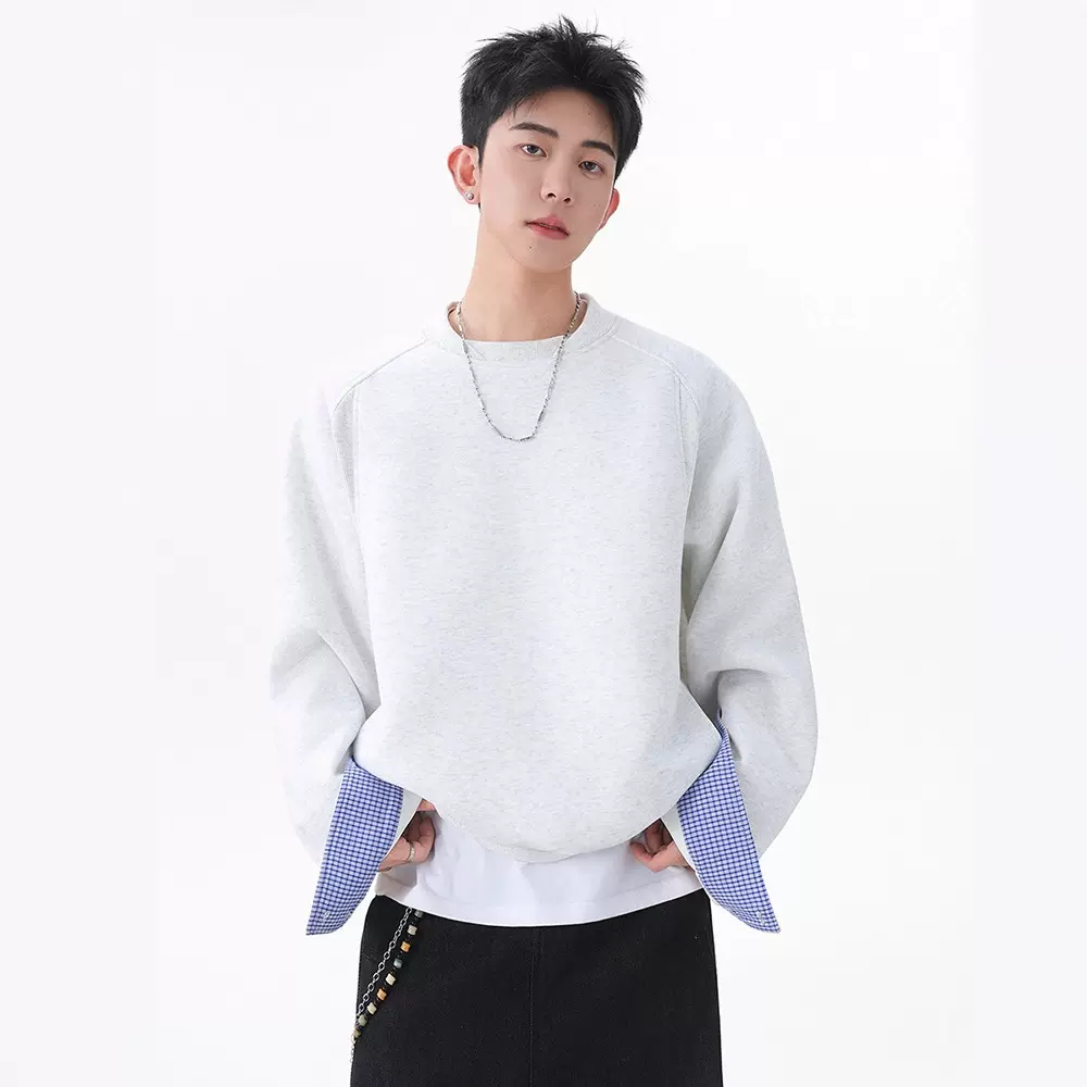 简恒秋季格子拼接圆领卫衣男复古高级感cleanfit短宽百搭上衣外套