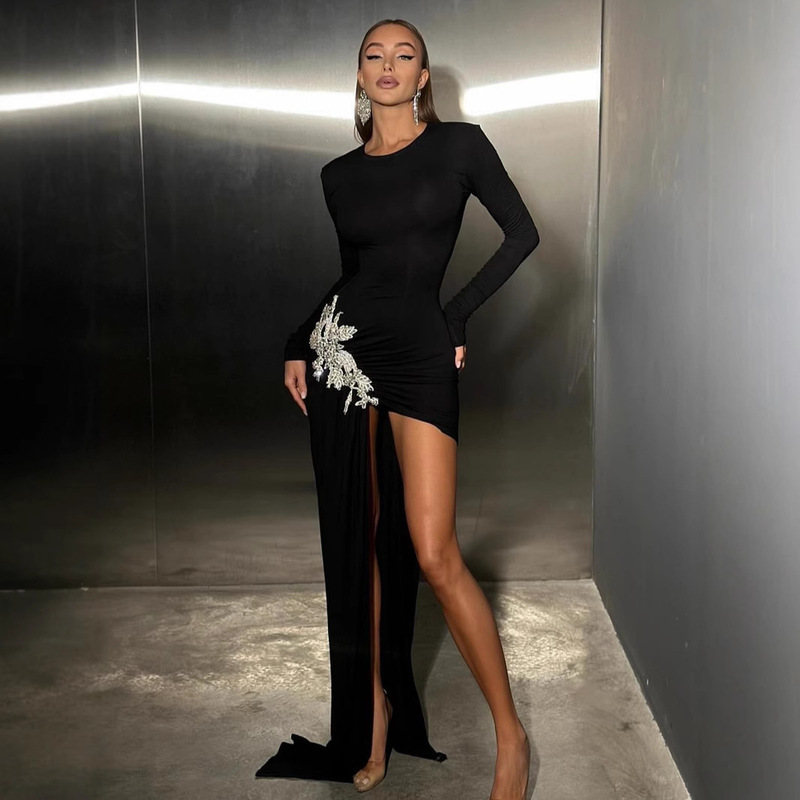 European and American Style Diamond-Embellished Asymmetrical Slit Elegant Socialite Bandage Dress Short Skirt Sexy Evening Dress Mini Dress European and American Style Diamond-Embellished Asymmetrical Slit Elegant Socialite Bandage Dress Short Skirt Sexy Evening Dress Mini Dress