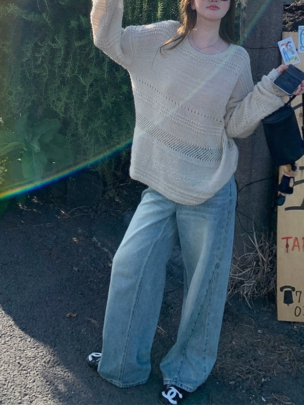im向 闲暇周末~马海毛镂空提花圆领针织衫女秋宽松慵懒针织罩衫|undefined