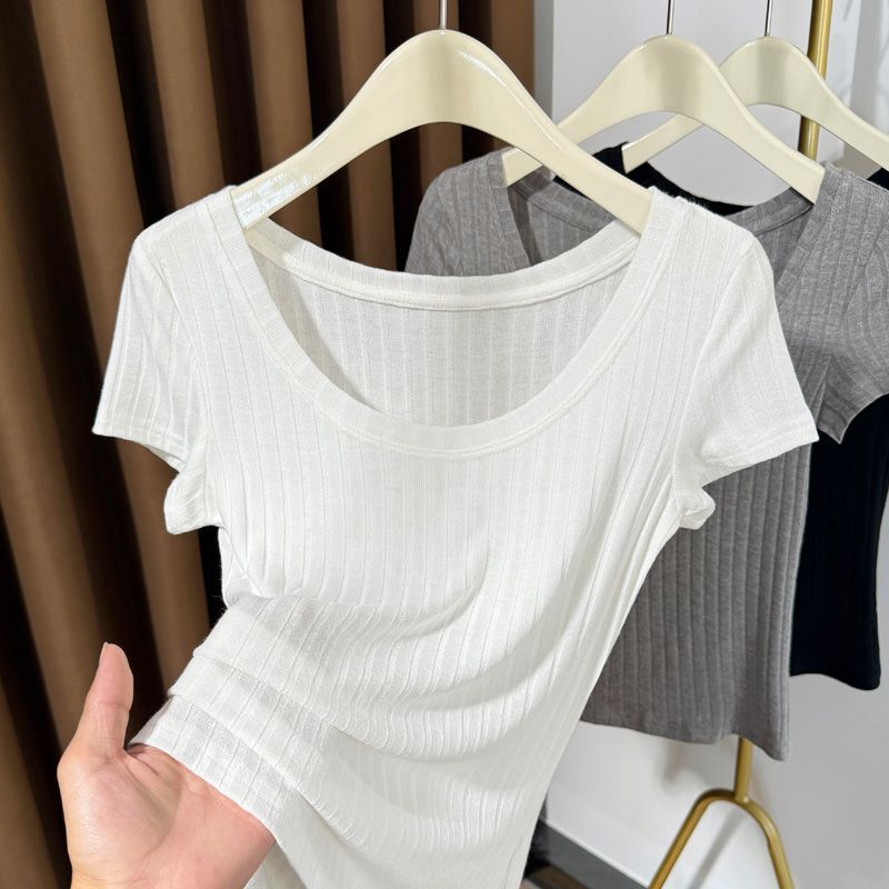 Plus-Size Ribbed Short-Sleeve T-Shirt for Women, Summer Round Neck, Exposed Collarbone, Slimming Base Layer Top Plus-Size Ribbed Short-Sleeve T-Shirt for Women, Summer Round Neck, Exposed Collarbone, Slimming Base Layer Top