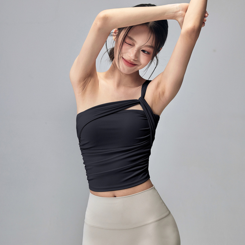 时髦单肩美背瑜伽内衣女固定胸垫防震运动背心健身普拉提训练文胸|undefined