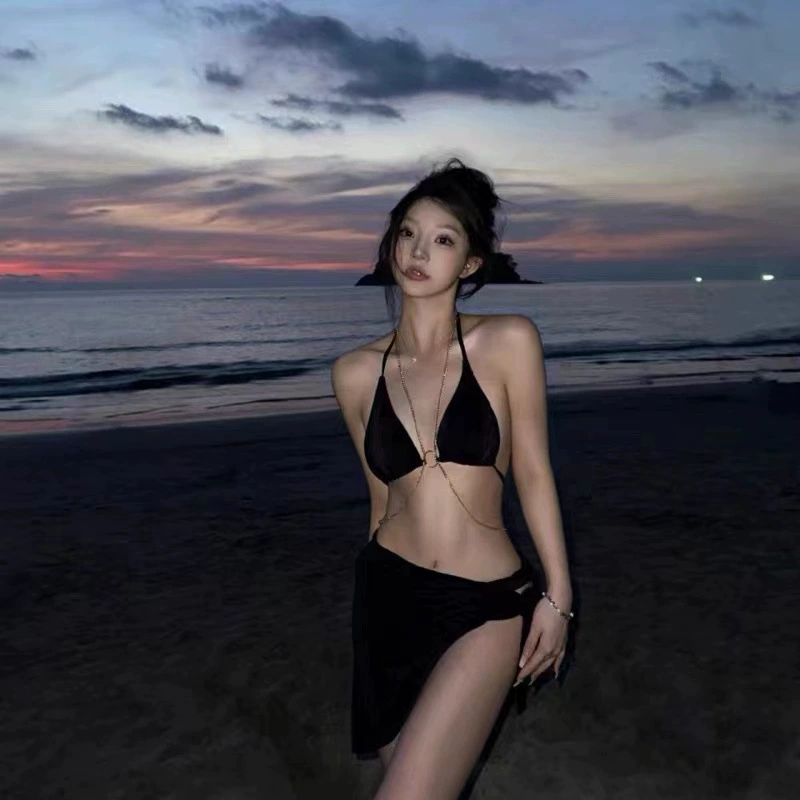 Sexy chain, split swimwear, set, skirt, internet celebrity, European style, 3 piece set