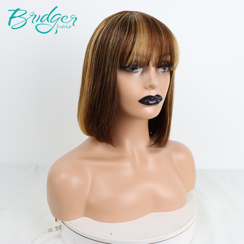 Tam mekanizmalı başlık Düz Bob İnsan Saçı Patlama ile insan saçı perukları_voghion.com
