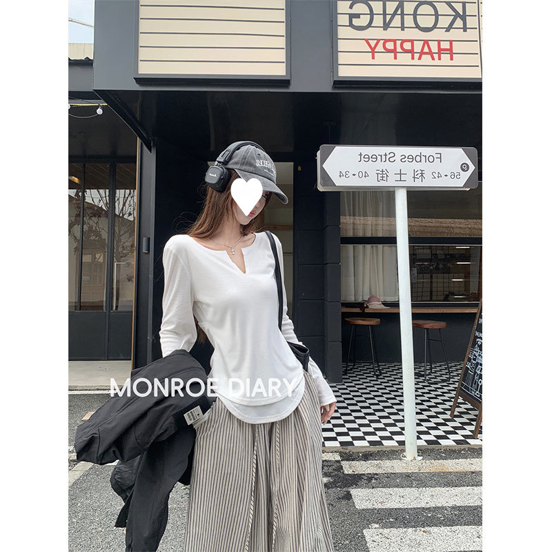 【人棉】露背长袖V领白色罩衫T恤女早秋韩系收腰显瘦假两件拼接上|undefined