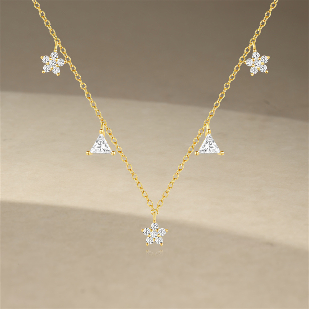 Holiday, Daily Occasion 925 Sterling Silver Zircon Cable Chain Plating Triangle Flower Multi Charms Necklace