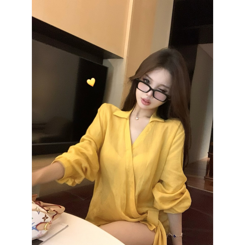韩版气质辣妹宽松显瘦慵懒风设计感收腰系带长袖防晒衬衫女上衣|undefined