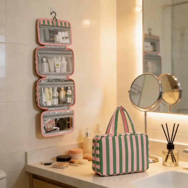 Cross-Border Bestseller 60% off Foldable Wet and Dry Separation Toiletry Bag Travel Portable Striped Makeup Bag Large Capacity Storage Bag